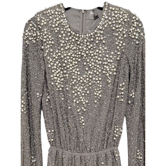 ASOS Silver Pearl Embellished Beaded Cocktail Mini Dress Long Sleeve Party 0 - Picture 7 of 8